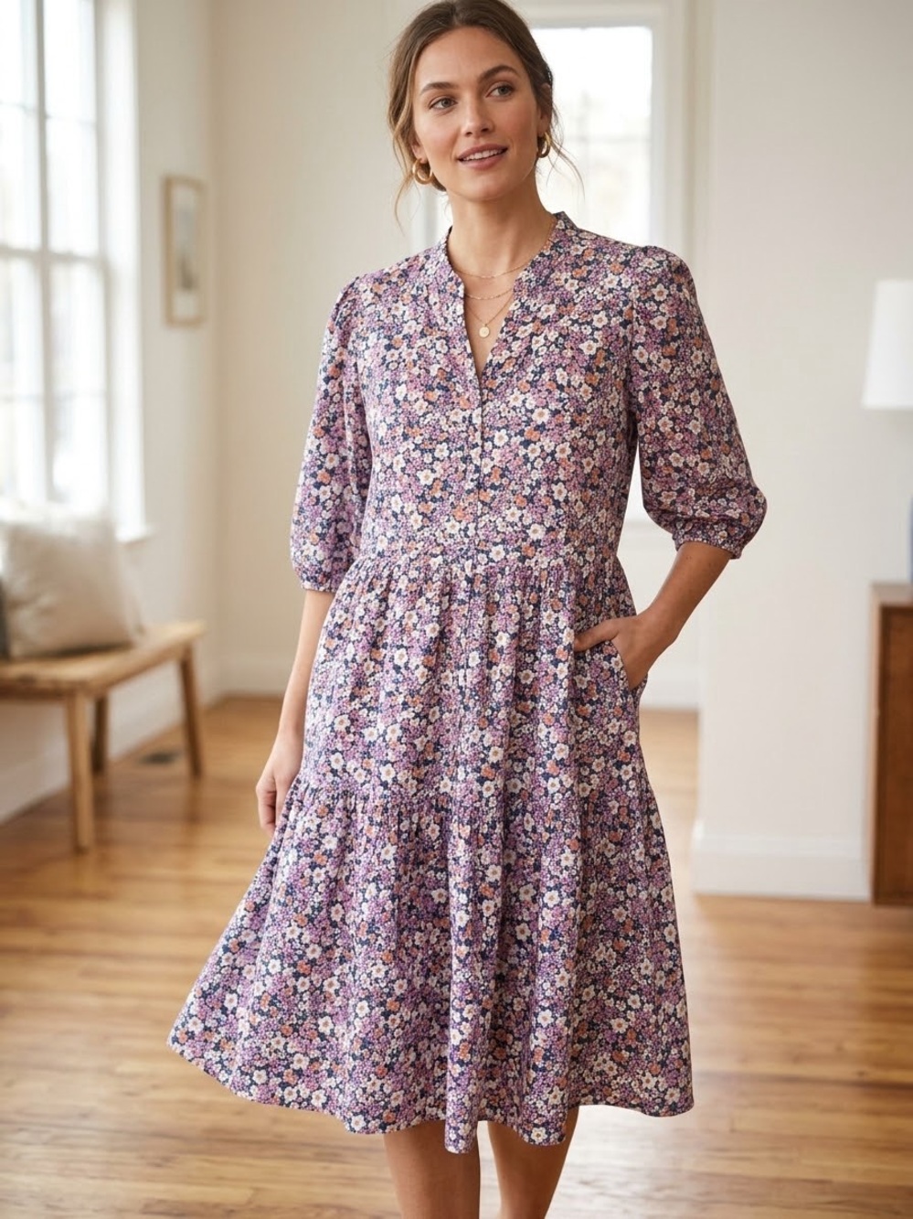Uniqlo x Paul & Joe Lavender Floral Tiered Midi Dress - Sz L